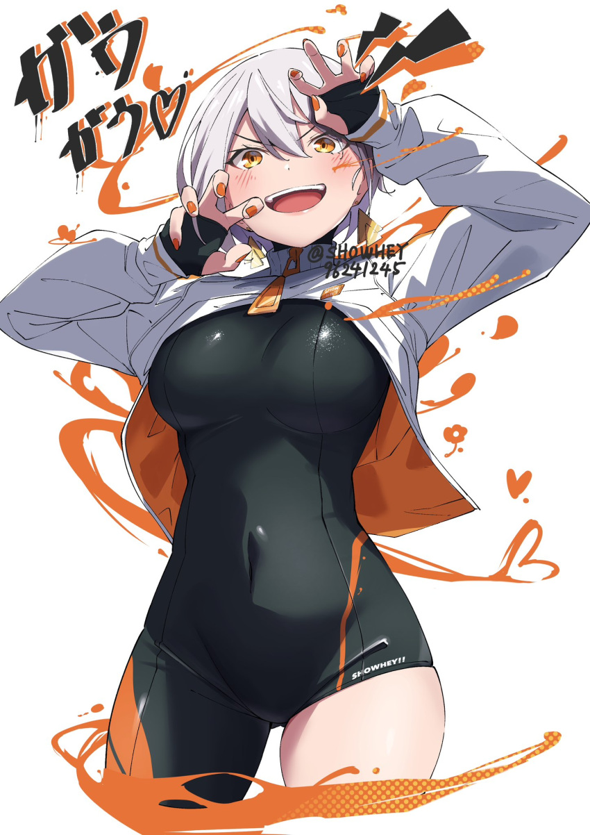 arms_up black_bodysuit blush bodysuit bodysuit_under_clothes breasts covered_navel cowboy_shot curled_fingers dated earrings female fingernails grey_hair hands_up highres jacket jacket_rolled_up jewelry long_sleeves medium_breasts nail_polish naughty_face nishisaki_fuyuka orange_eyes orange_nails original parted_lips short_hair showhey!! single_leg_bodysuit skin_tight smile solo teeth triangle_earrings twitter_username two-tone_bodysuit upper_teeth_only white_background white_jacket zipper_pull_tab