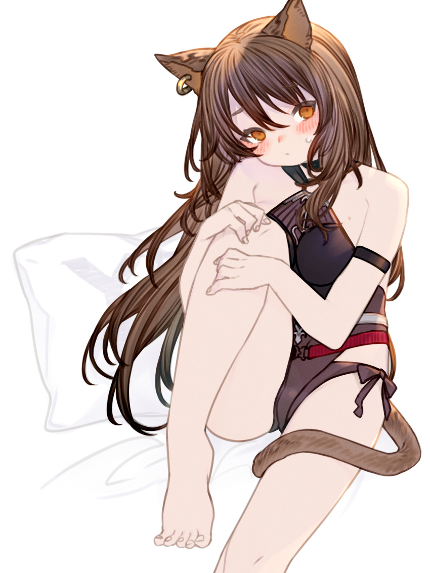 animal_ears arknights arm_strap backless_swimsuit bare_shoulders barefoot black_one-piece_swimsuit brown_hair cat_ears cat_girl cat_tail ear_piercing female highres knee_up kochiya_(gothope) large_tail long_hair looking_at_viewer no_shoes o-ring o-ring_swimsuit official_alternate_costume one-piece_swimsuit piercing sitting skyfire_(arknights) skyfire_(temperature_difference)_(arknights) swimsuit tail white_background yes yes-no_pillow