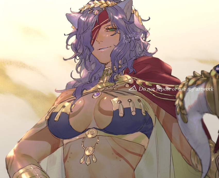 91007 animal_ears bandage_over_one_eye breasts brown_background cat_ears cleavage commentary_request dark-skinned_female dark_skin female fire_emblem fire_emblem:_radiant_dawn fire_emblem_heroes green_eyes horns large_breasts medium_hair nailah_(fire_emblem) nailah_(hatari)_(fire_emblem) official_alternate_costume parted_lips purple_hair solo tassel upper_body watermark