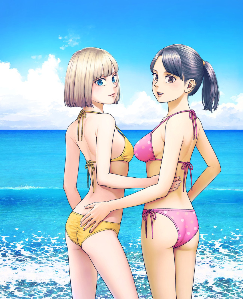 2girls aria_(vampeerz) bikini black_hair blonde_hair cloud cover cover_image halterneck hand_on_another's_back hand_on_another's_hip higashiyama_shou highres ichika_(vampeerz) looking_back multiple_girls ocean official_art ponytail side-tie_bikini_bottom sky smile swimsuit vampeerz