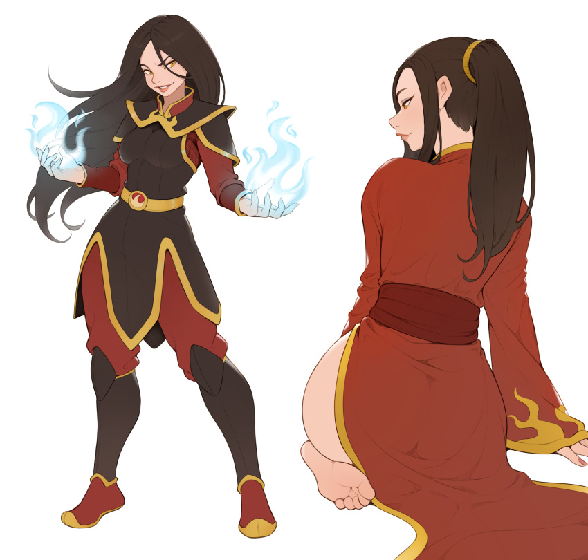 armor ass avatar:_the_last_airbender avatar_legends azula barefoot black_hair blue_fire breasts cheshirrr collage female fire highres long_hair long_sleeves medium_breasts no_panties red_robe red_sash robe sash seiza simple_background sitting soles toes very_long_hair white_background yellow_eyes