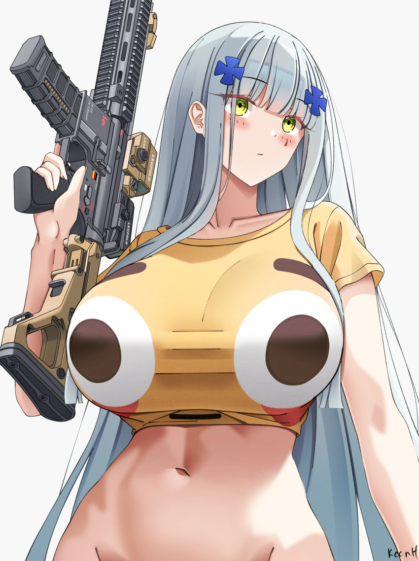 artist_name assault_rifle blush blush_stickers bottomless breasts commentary cross_hair_ornament emoji female flushed_face_emoji_shirt_(meme) girls'_frontline green_eyes grey_hair groin gun h&k_hk416 hair_ornament highres hk416_(girls'_frontline) holding holding_gun holding_weapon huge_breasts keenh long_hair looking_to_the_side meme meme_attire navel out-of-frame_censoring rifle shirt solo t-shirt teardrop_facial_mark teardrop_tattoo upper_body weapon white_background yellow_shirt