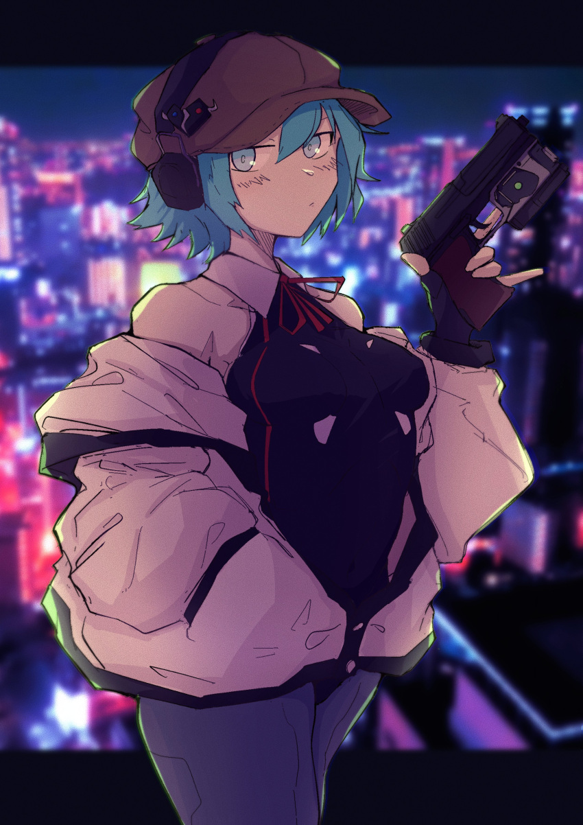 absurdres black_leotard blue_hair blurry blurry_background breasts brown_hat cabbie_hat cirno cirno_(cookie) city city_lights closed_mouth collared_leotard commentary_request cookie_(touhou) cosplay cowboy_shot cyberpunk_(series) cyberpunk_edgerunners ear_protection expressionless female grey_eyes grey_pantyhose gun hair_between_eyes hand_in_pocket handgun hat highres holding holding_gun holding_weapon jacket jacket_partially_removed leotard looking_at_viewer lucy_(cyberpunk) lucy_(cyberpunk)_(cosplay) medium_bangs medium_breasts neck_ribbon pantyhose ribbon short_hair solo tatamaru5382 touhou weapon white_jacket