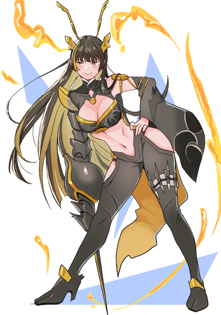 blonde_hair breasts brown_hair commission crop_top detached_sleeves duel_monster female full_body highres hip_vent long_hair makoto_139 midriff mitsu_the_insect_ninja multicolored_hair navel pixiv_commission single_bare_shoulder single_detached_sleeve solo very_long_hair yellow_eyes yu-gi-oh!