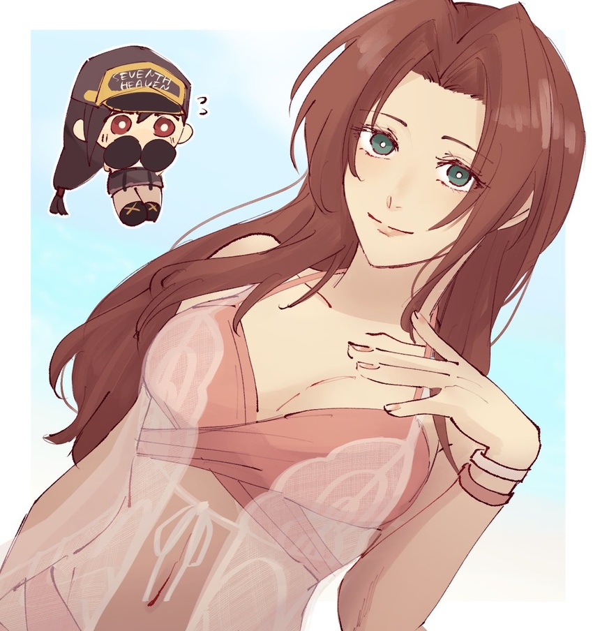 2girls aerith_gainsborough aerith_gainsborough_(sunny_robe) baseball_cap bikini black_footwear black_hair blue_background blush border bracelet breasts brown_hair cardigan chibi cleavage closed_mouth collarbone covering_own_mouth final_fantasy final_fantasy_vii final_fantasy_vii_ever_crisis final_fantasy_vii_remake green_eyes grey_skirt hand_on_own_chest hat highres jewelry lace long_hair looking_at_viewer low-tied_long_hair medium_breasts midriff multiple_girls navel nitoya_00630a parted_bangs pink_bikini see-through sidelocks skirt smile swimsuit tifa_lockhart tifa_lockhart_(lifeguard) upper_body wavy_hair white_border white_cardigan