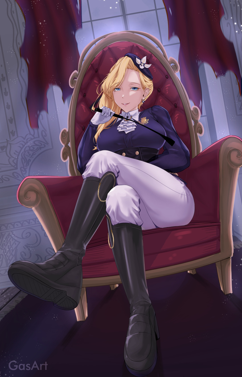 absurdres artist_name ascot azur_lane black_footwear blonde_hair blue_eyes blue_hat blue_jacket boots breasts chains commission crossed_legs earrings english_commentary female flower frilled_ascot frills full_body gasart gloves hat hat_flower highres holding holding_riding_crop hood_(azur_lane) hood_(gentlewoman_and_stallion)_(azur_lane) jacket jewelry knee_boots large_breasts long_hair long_sleeves looking_at_viewer official_alternate_costume pants pants_tucked_in riding_boots riding_crop riding_outfit royal_navy_emblem_(azur_lane) sitting smirk solo tilted_headwear torn_curtains watermark white_gloves white_pants window