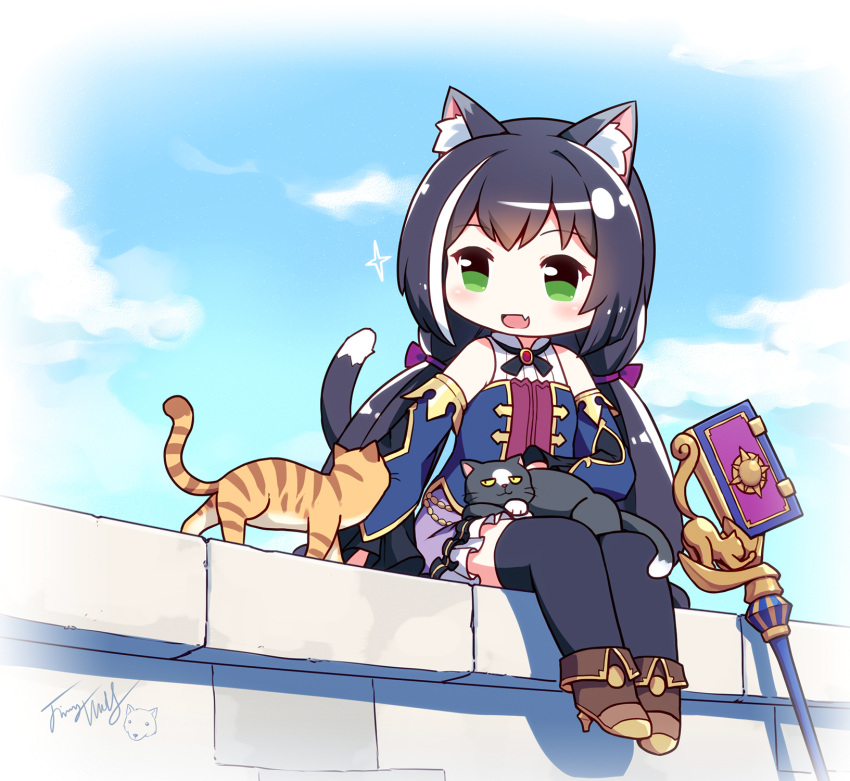 :d animal animal_ear_fluff animal_ears animal_on_lap bare_shoulders black_cat black_hair black_thighhighs blue_sky blue_sleeves blush boots brown_footwear cat_ears cat_girl cat_on_lap cat_tail chibi chinese_commentary cloud commentary_request day detached_sleeves feline female foot_dangle frilled_skirt frills green_eyes high_heel_boots high_heels highres karyl_(princess_connect!) langbazi legs_together long_hair low_twintails multicolored_hair oerba_yun_fang on_lap on_wall open_mouth outdoors photoshop_(medium) princess_connect! purple_skirt shirt signature sitting skin_fang skirt sky sleeveless sleeveless_shirt smile solo sparkle staff streaked_hair tail thighhighs thighhighs_under_boots twintails very_long_hair white_hair white_shirt