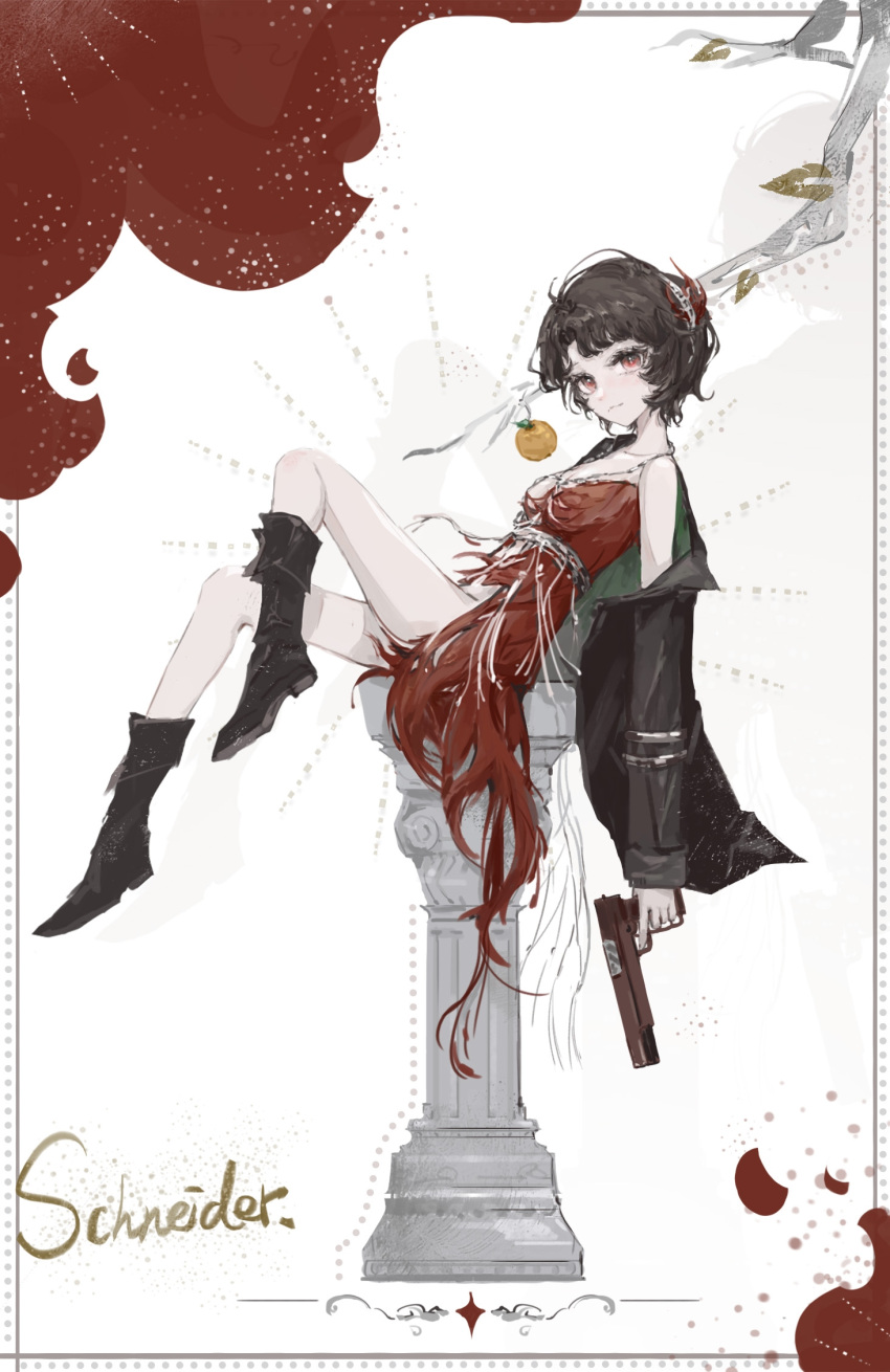 black_coat black_footwear black_hair boots border branch breasts character_name coat column commentary curly_hair dress english_commentary feather_dress feather_hair_ornament feathers female food from_side fruit full_body godenanchor gun hair_ornament handgun highres holding holding_gun holding_weapon knee_boots knee_up looking_at_viewer looking_to_the_side orange_(fruit) pillar red_background red_eyes red_feathers reverse:1999 schneider_(reverse:1999) short_dress short_hair single_bare_shoulder single_off_shoulder sitting small_breasts solo strapless strapless_dress trigger_discipline two-tone_background weapon white_background