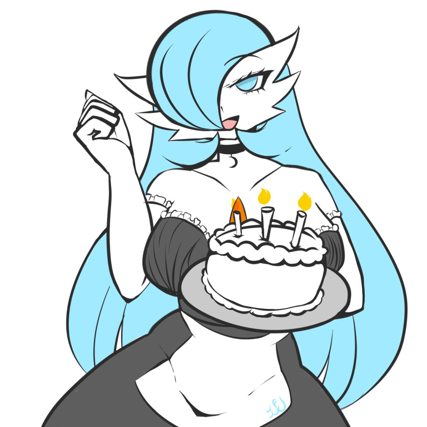 1:1 2024 absurd_res birthday_cake birthday_candle blue_eyes blue_hair breasts cake choker clothing dessert female food gardevoir generation_3_pokemon hair hair_over_eye hi_res holding_cake holding_food holding_object humanoid jewelry long_hair looking_at_viewer luna_the_gardevoir maid_uniform necklace nintendo not_furry one_eye_obstructed pokemon pokemon_(species) renv shiny_pokemon signature solo uniform