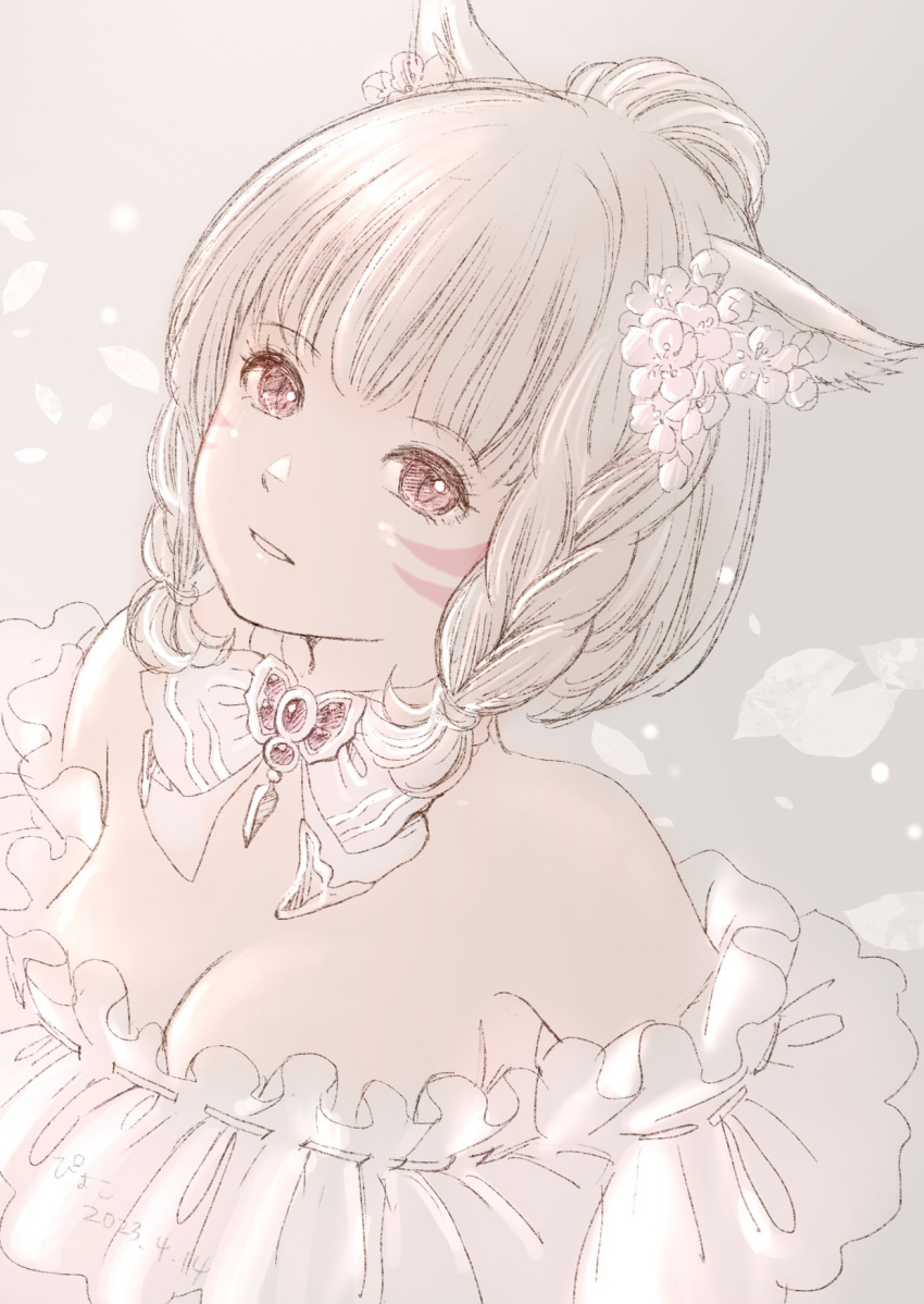 2023 animal_ears artist_name blonde_hair bow bowtie braid breasts cat_ears cat_girl cleavage dated earrings facial_mark female final_fantasy final_fantasy_xiv flower flower_earrings hair_flower hair_ornament highres jewelry medium_breasts miqo'te parted_lips pink_bow pink_bowtie pink_eyes pink_flower piyoco short_hair solo upper_body warrior_of_light_(ff14) whisker_markings