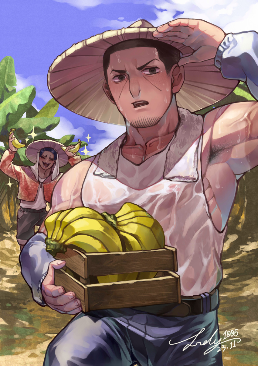 2boys absurdres alternate_costume armpit_hair armpit_peek banana bara black_eyes black_hair buzz_cut covered_nipples cowboy_shot facial_hair food fruit goatee golden_kamuy happy harvest hat highres koito_otonoshin large_pectorals male_focus mao_mi multiple_boys muscular muscular_male pectorals perspective see-through short_hair sideburns_stubble sidepec sparkling_aura stubble sun_hat sweat tank_top tsukishima_hajime very_short_hair very_sweaty white_tank_top