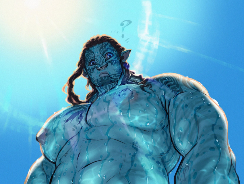 1boy ? abs arms_at_sides avatar:_the_way_of_water bara big_nose black_hair blue_eyes blue_skin blue_sky blue_theme colored_skin day facial_mark fish_boy foreshortening from_below huge_pectorals ink_(twistydr0p) james_cameron's_avatar looking_at_viewer male_focus muscular muscular_male na'vi nipples nude pectoral_focus pectorals pointy_ears sky solo strongman_waist sunlight tareme thick_eyebrows tonowari_(avatar) uneven_eyes upper_body wet