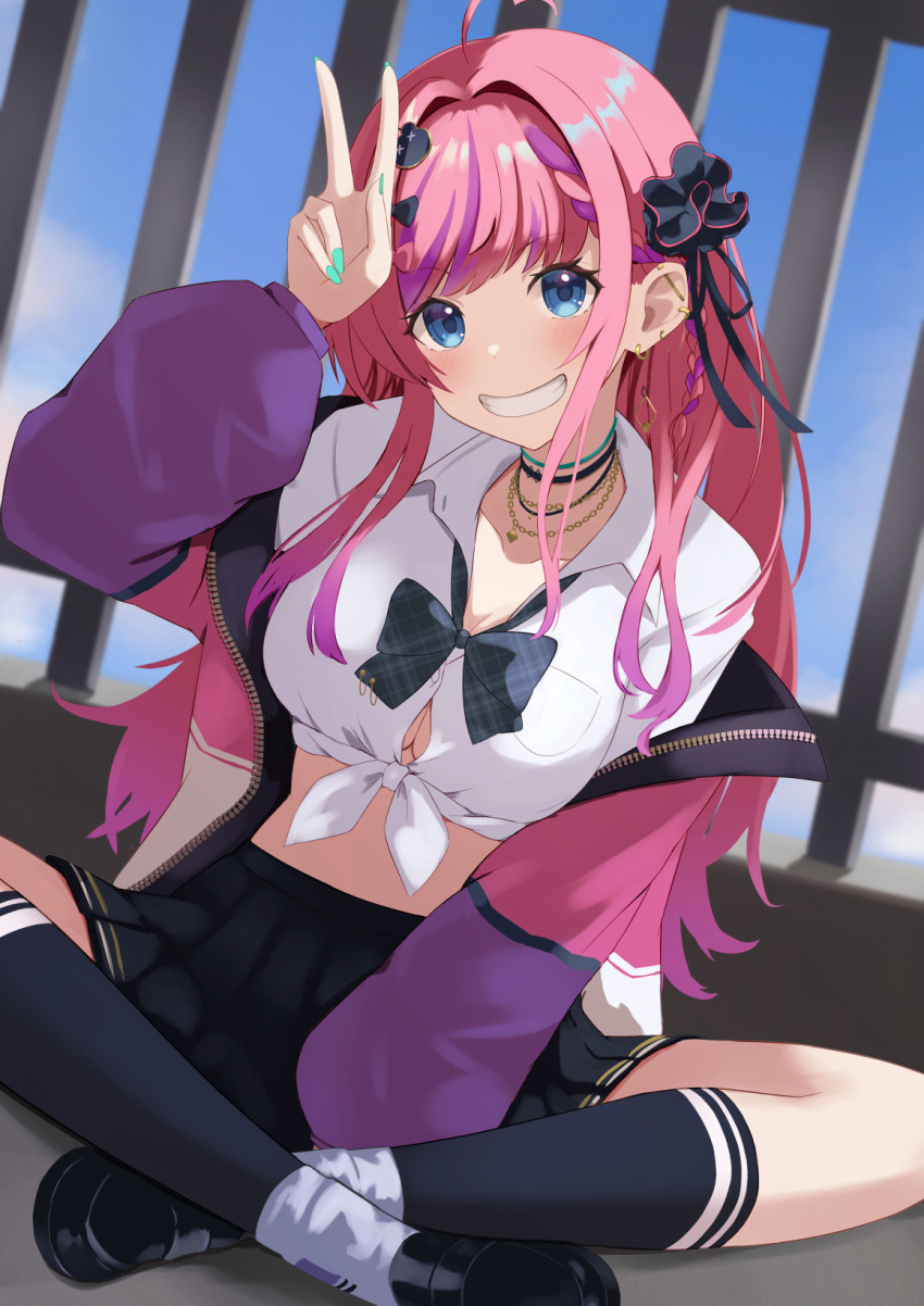 ahoge amesuku_gyaru black_skirt blue_eyes blue_nails female front-tie_top grin gyaru hashtag-only_commentary highres kogal kuramochi_meruto kuramochi_meruto_(school_uniform) long_hair multicolored_hair nijisanji pink_hair pleated_skirt purple_hair shirt skirt smile socks solo streaked_hair takechi49 v virtual_youtuber white_shirt