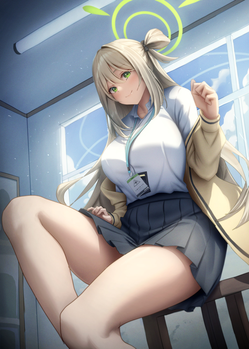 absurdres bad_id bad_pixiv_id black_skirt blue_archive blush breasts closed_mouth collared_shirt female gileu green_eyes green_halo halo highres id_card indoors jacket lanyard large_breasts light_brown_hair long_hair long_sleeves looking_at_viewer nonomi_(blue_archive) open_clothes open_jacket pleated_skirt shirt sitting skirt smile solo white_shirt yellow_jacket