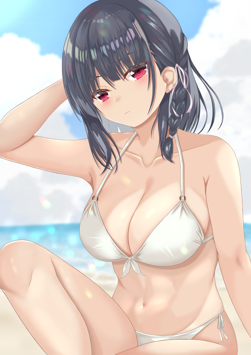 absurdres bikini black_hair braid breasts cleavage closed_mouth cloud collarbone commentary_request female front-tie_bikini_top front-tie_top hair_ribbon halterneck hand_in_own_hair highres horikita_suzune ichinose_(24746718) knee_up large_breasts looking_at_viewer medium_hair navel ocean official_alternate_hair_length official_alternate_hairstyle outdoors red_eyes ribbon side-tie_bikini_bottom single_braid sitting sky solo string_bikini swimsuit white_bikini white_ribbon youkoso_jitsuryoku_shijou_shugi_no_kyoushitsu_e