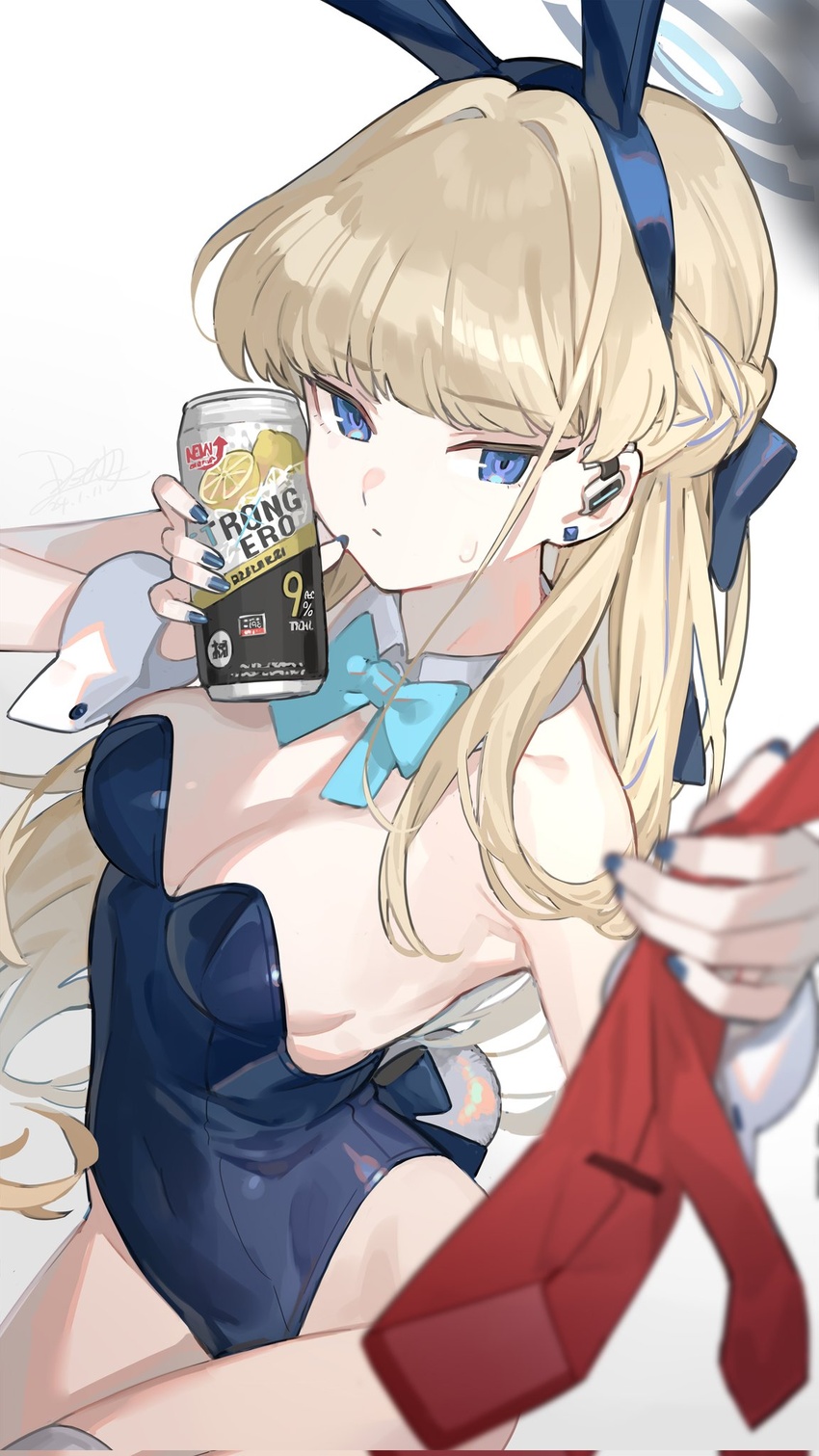 1other beer_can blonde_hair blue_archive blue_bow blue_bowtie blue_eyes blue_halo blue_leotard blue_nails bow bowtie breasts can cleavage closed_mouth commentary cosplay detached_collar drink_can earpiece earrings expressionless female grey_halo halo highres holding holding_can jewelry leotard long_hair medium_breasts nail_polish nao_(syn_eaa) necktie necktie_grab neckwear_grab official_alternate_costume playboy_bunny red_necktie simple_background solo_focus strapless strapless_leotard strong_zero sweatdrop thighhighs toki_(blue_archive) toki_(bunny)_(blue_archive) white_background white_thighhighs wrist_cuffs