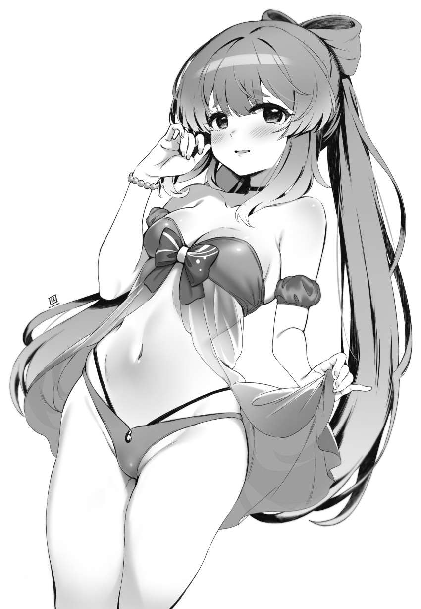 absurdres bare_shoulders blunt_bangs blush bow bow-shaped_hair breasts cleavage clothes_lift female genshin_impact greyscale highres lifting_own_clothes light_smile long_hair looking_at_viewer medium_breasts monochrome navel parted_lips piano-alice sangonomiya_kokomi solo standing swimsuit thighs white_background