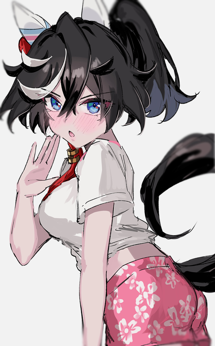 animal_ears bad_id bad_pixiv_id black_hair blue_eyes breasts chestnut_mouth commentary_request cowboy_shot ear_covers female floral_print gaze_on_me!_outfit_(umamusume) hair_between_eyes hair_ornament highres horse_ears horse_girl horse_tail katsuragi_ace_(umamusume) looking_at_viewer m75255831 medium_breasts medium_hair multicolored_hair pink_shorts ponytail shirt short_sleeves shorts simple_background solo streaked_hair tail tail_through_clothes tassel tassel_hair_ornament tied_shirt umamusume white_background white_hair white_shirt