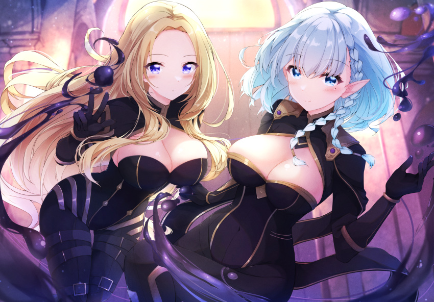 2girls :o absurdres alpha_(kage_no_jitsuryokusha_ni_naritakute!) beta_(kage_no_jitsuryokusha_ni_naritakute!) black_bodysuit black_gloves blonde_hair blue_eyes blue_hair blush bodysuit braid breasts closed_mouth commentary_request covered_navel forehead fuuna gloves hand_up highres kage_no_jitsuryokusha_ni_naritakute! large_breasts long_hair looking_at_viewer mole mole_under_eye multiple_girls parted_bangs parted_lips pointy_ears smile v very_long_hair