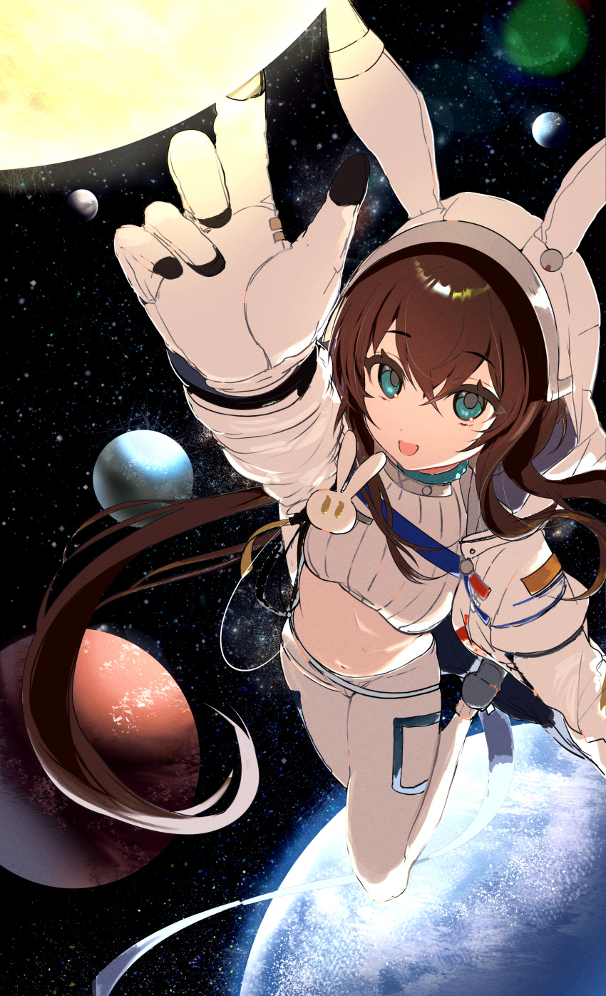 absurdres amiya_(arknights) amiya_(guard)_(arknights) amiya_(guard)_(touch_the_stars)_(arknights) animal_ears animal_hood arknights blue_eyes brown_hair crop_top female gloves hair_between_eyes highres hood hood_up hooded_jacket jacket long_hair long_sleeves looking_at_viewer maria_(syake-uni) midriff official_alternate_costume open_clothes open_jacket pants planet rabbit_hood shirt solo space white_gloves white_jacket white_pants white_shirt