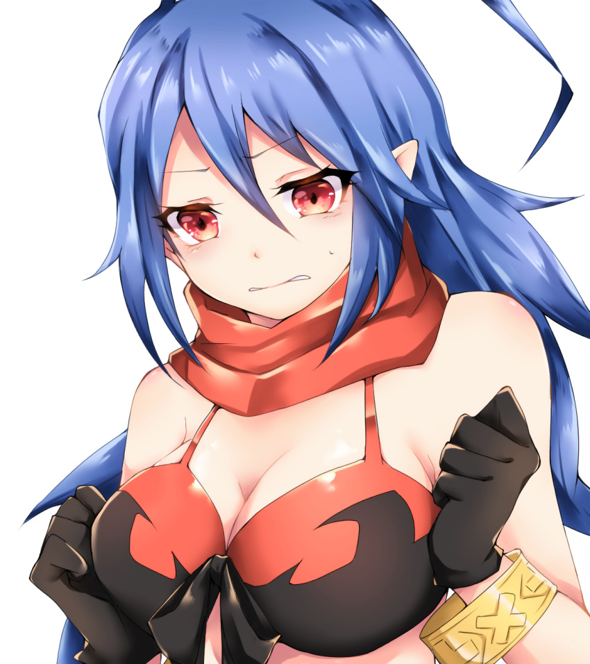 artist_request bikini bikini_top_only black_gloves blue_hair bracelet breasts cleavage commentary_request disgaea disgaea_d2 female genderswap_(mtf) gloves hair_between_eyes highres jewelry laharl laharl-chan large_breasts long_hair pointy_ears red_eyes rule_63 scarf simple_background solo swimsuit very_long_hair white_background