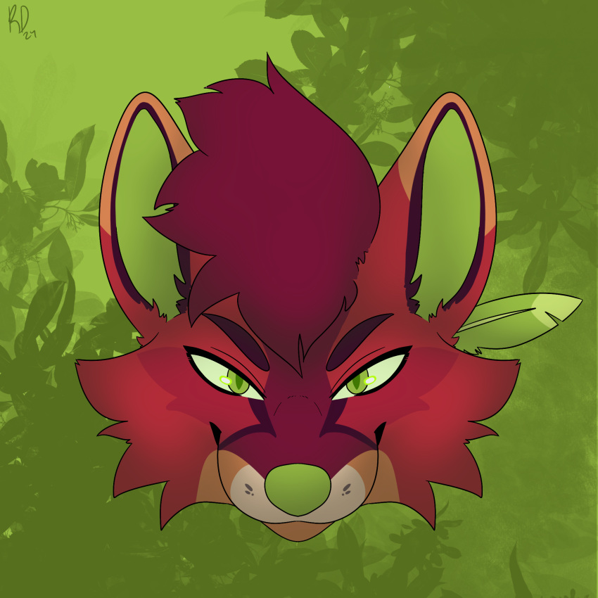 1:1 ambiguous_gender anthro canid canine feathers fur green_body green_eyes green_fur headshot_portrait hi_res mammal plant portrait rattdawg red_body red_fur simple_background