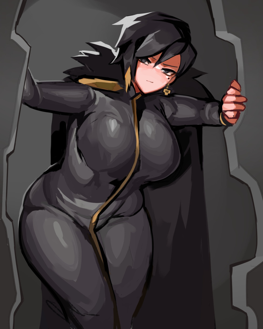 absurdres alternate_breast_size bent_over binah_(project_moon) black_bodysuit black_cape black_eyes black_hair blonde_hair bodysuit breasts cape closed_mouth earrings female full-length_zipper fur-trimmed_cape fur_trim highres holding huge_breasts jewelry light_blush lobotomy_corporation mole mole_under_eye morchkins multicolored_hair project_moon short_hair single_earring solo streaked_hair thick_thighs thighs two-tone_hair zipper