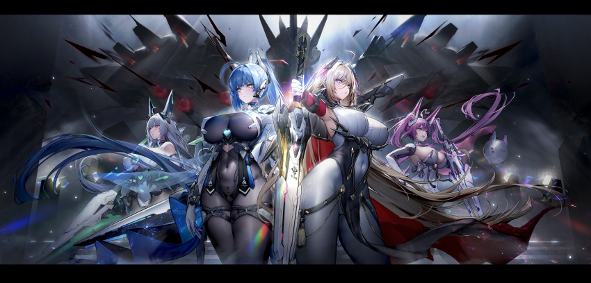 4girls absurdly_long_hair absurdres black_bodysuit blonde_hair blue_hair bodysuit breasts clothing_cutout covered_navel covered_nipples cowboy_shot crosscore curtana_(crosscore) durandal_(crosscore) gloves grey_hair headgear highres holding holding_sword holding_weapon huge_breasts huge_weapon impossible_bodysuit impossible_clothes joyeuse_(crosscore) large_breasts long_hair multiple_girls navel_cutout noctilucent_(crosscore) official_art purple_eyes purple_hair red_eyes science_fiction sword thigh_strap translation_request very_long_hair weapon white_bodysuit white_gloves yellow_eyes zer_z2