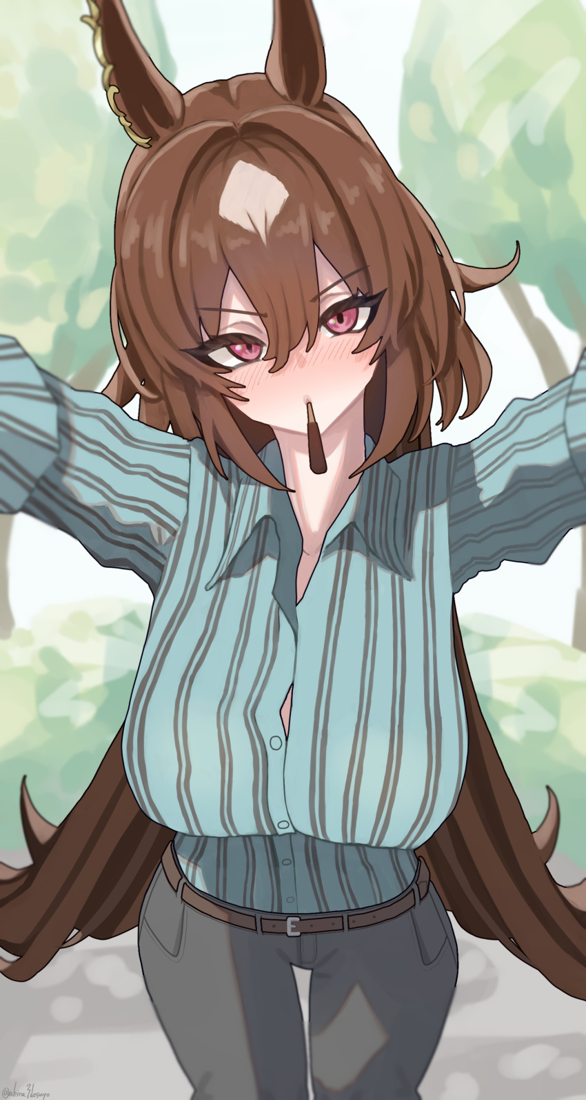 absurdres ahiru3desuyo animal_ears aqua_shirt arms_up blush breasts brown_hair button_gap closed_mouth commentary_request cowboy_shot female food food_in_mouth grey_pants hair_between_eyes highres horse_ears horse_girl horse_tail incoming_pocky_kiss large_breasts long_hair long_sleeves looking_at_viewer multicolored_hair official_alternate_costume pants pinstripe_pattern pinstripe_shirt pocky pocky_day pocky_in_mouth pocky_kiss red_eyes shirt sirius_symboli_(umamusume) solo streaked_hair striped tail umamusume very_long_hair white_hair