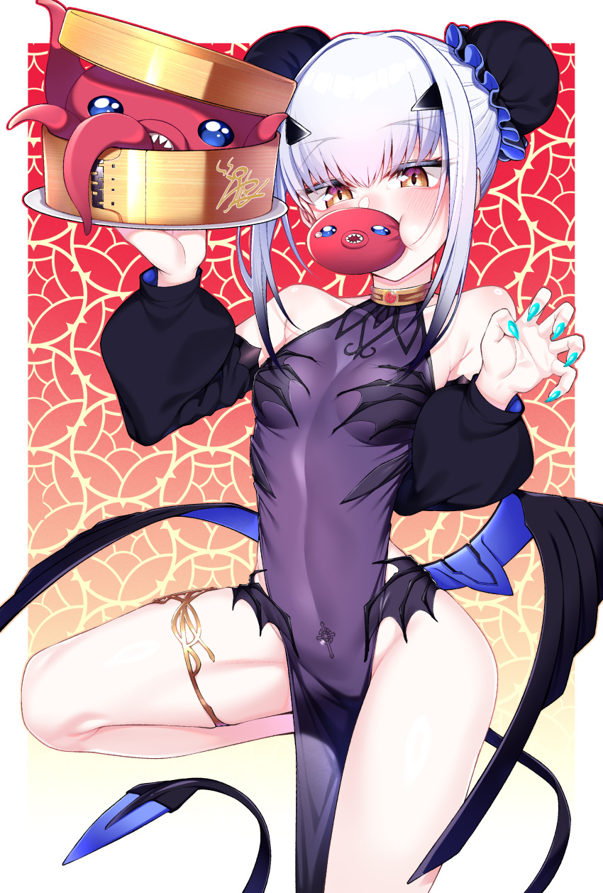 absurdres bamboo_steamer bare_shoulders black_dress breasts bun_cover china_dress chinese_clothes covered_navel detached_sleeves dim_sum double_bun dragon_tail dragon_wings dress fate/grand_order fate_(series) female forked_eyebrows hair_bun highres long_hair looking_at_viewer melusine_(fate) melusine_(swimsuit_ruler)_(fate) open_mouth pelvic_curtain sidelocks small_breasts solo tail textless_version thighs watosu white_hair wings yellow_eyes