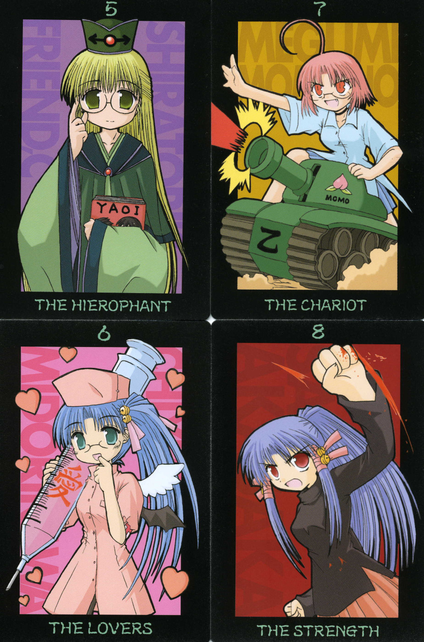 4girls absurdres aizawa_risona akasaka_saki aoba_kozue artist_request caterpillar_tracks fujoshi glasses highres long_sleeves mahoraba midorikawa_chiyuri military military_vehicle momono_megumi motor_vehicle multiple_girls nurse strength_(tarot) tank tarot tarot_(medium) the_chariot_(tarot) the_hierophant_(tarot) the_lovers_(tarot)