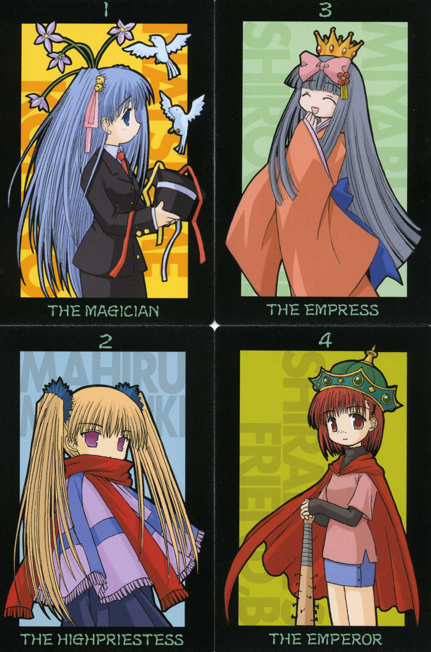 4girls absurdres amane_mizuho aoba_kozue artist_request baseball_bat bird crown flower flower_on_head freckles hat highres konno_natsume long_sleeves mahoraba minazuki_mahiru multiple_girls nail nail_bat scarf shirogane_miyabi tarot tarot_(medium) the_emperor_(tarot) the_empress_(tarot) the_high_priestess_(tarot) the_magician_(tarot)