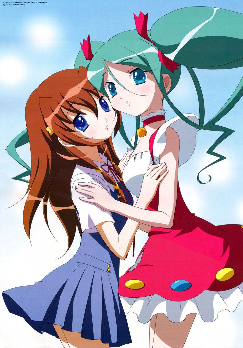 2girls animaga aqua_eyes arai_toshiyuki bell blue_eyes brown_hair collar expressionless green_hair hair_ribbon head_tilt highres hug jingle_bell kuroki_manatsu long_hair looking_at_viewer multiple_girls neck_bell neck_ribbon no_legwear open_mouth ribbon school_uniform short_sleeves sidelocks tachibana_ichika twintails utakata very_long_hair