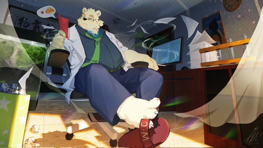 16:9 2024 anthro bear bottomwear chair clothing computer detailed_background electronics eyewear fenrir_shino furniture glasses hi_res inside kemono leib_(tas) lifewonders male mammal necktie overweight overweight_male pants polar_bear shirt sitting solo tokyo_afterschool_summoners topwear ursine widescreen