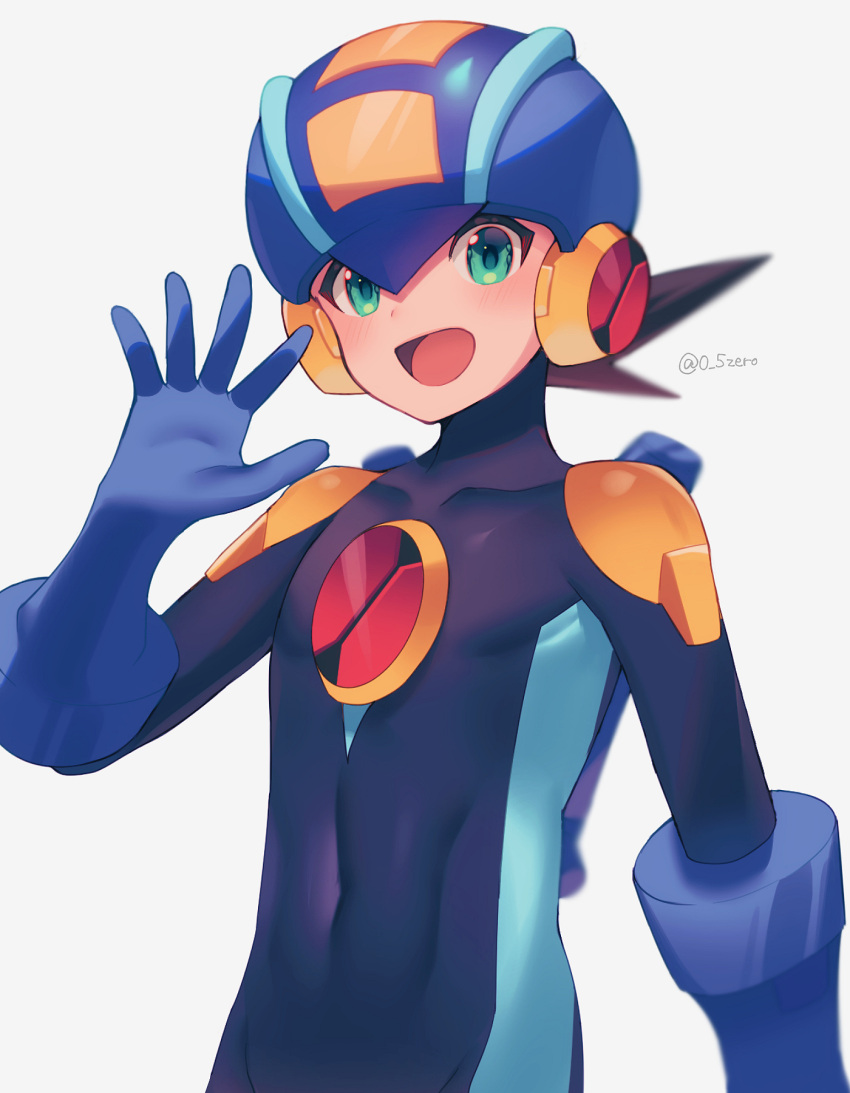 1boy :d blue_bodysuit blue_helmet blurry blush bodysuit brown_hair commentary_request covered_collarbone covered_navel depth_of_field green_eyes grey_background hand_up happy helmet highres looking_at_viewer male_focus mega_man_(series) mega_man_battle_network_(series) megaman.exe netnavi open_mouth short_hair simple_background smile solo spiked_hair twitter_username zero-go