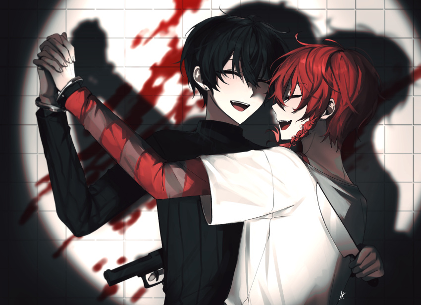 2boys black_hair black_sweater blood_on_wall closed_eyes facing_another gun haebu highres holding holding_gun holding_hands holding_knife holding_weapon interlocked_fingers knife knife_behind_back maeno_aki male_focus multiple_boys open_mouth red_eyes red_hair shared_handcuffs shirt short_hair short_hair_with_long_locks smile sweater tile_wall tiles tsugino_haru turtleneck turtleneck_sweater weapon white_background white_shirt yaoi zeno_(game)