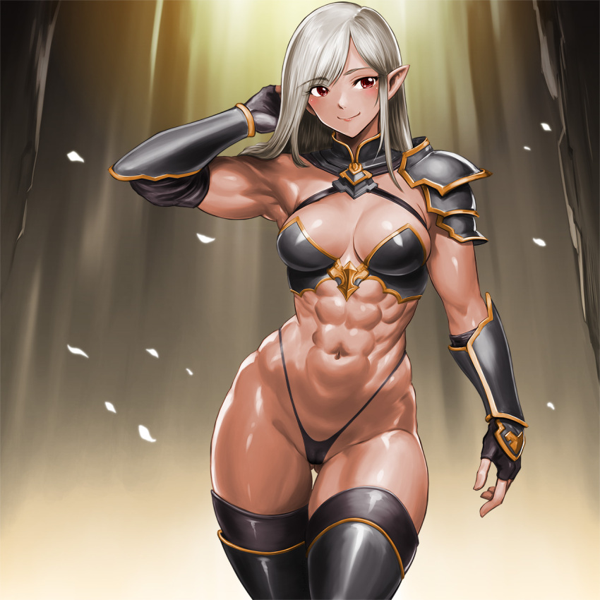 abs arm_at_side arm_guards armor ass_visible_through_thighs bikini bikini_armor bikini_bottom_only black_bikini black_footwear black_gloves black_thighhighs blush boots breasts closed_mouth commentary_request cowboy_shot dark-skinned_female dark_elf dark_skin elbow_gloves elf falling_petals female fingerless_gloves gloves grey_hair highleg highleg_bikini highres looking_at_viewer medium_breasts medium_hair micro_bikini minamoto80486 muscular muscular_female navel original paid_reward_available pauldrons petals pointy_ears red_eyes rerebrace shoulder_armor single_pauldron smile solo stomach string_bikini swept_bangs swimsuit thigh_boots thigh_gap thighhighs thighhighs_under_boots toned