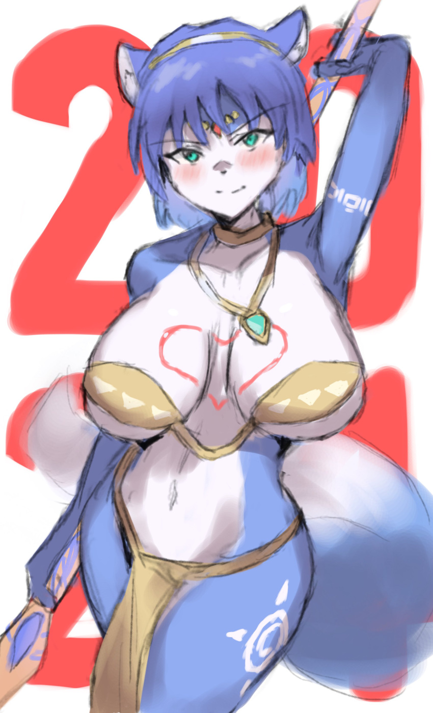 2024 absurd_res accessory anthro armor aspara big_breasts blue_body blue_ears blue_fur blue_hair blue_tail blush blush_lines bottomwear bra breasts canid canine clothing collar curvy_figure digital_drawing_(artwork) digital_media_(artwork) female fox fur gold_(metal) gold_jewelry green_eyes hair headband heart_symbol hi_res holidays huge_breasts jewelry krystal's_staff krystal_(star_fox) loincloth looking_at_viewer male male/female mammal markings multicolored_body multicolored_ears multicolored_fur multicolored_tail necklace new_year new_year_2024 nintendo simple_background smile solo star_fox tail tattoo text tribal tribal_armor tribal_clothing tribal_jewelry tribal_markings tribal_necklace tribal_outfit tribal_tattoo underwear white_background white_body white_fur white_inner_ear white_tail wide_hips