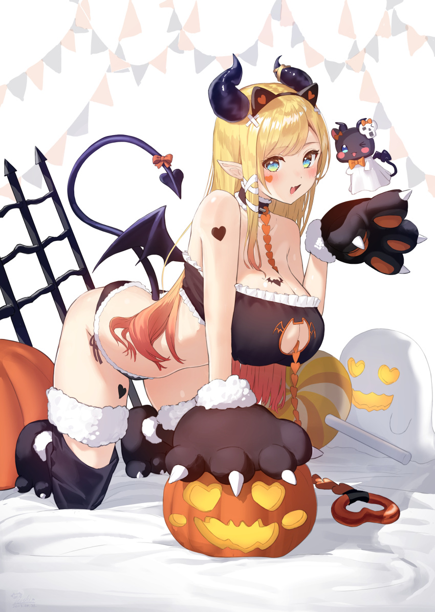 absurdres alternate_costume animal_ears animal_hands bare_shoulders between_breasts black_choker black_panties black_tube_top black_wings blonde_hair breast_tattoo breasts cat_ears choker cleavage cleavage_cutout clothing_cutout commentary_request demon_girl demon_horns demon_tail demon_wings fake_animal_ears female frilled_choker frilled_tube_top frills fur-trimmed_legwear fur-trimmed_panties fur_trim gloves gradient_hair halloween hand_up heart_sticker highres hololive horns large_breasts multicolored_hair nanaushi oerba_yun_fang open_mouth panties parted_bangs paw_gloves paw_pose paw_shoes red_hair side-tie_panties skin_fang smile solo sticker_on_face strapless tail tattoo tube_top underwear virtual_youtuber wings yuzuki_choco