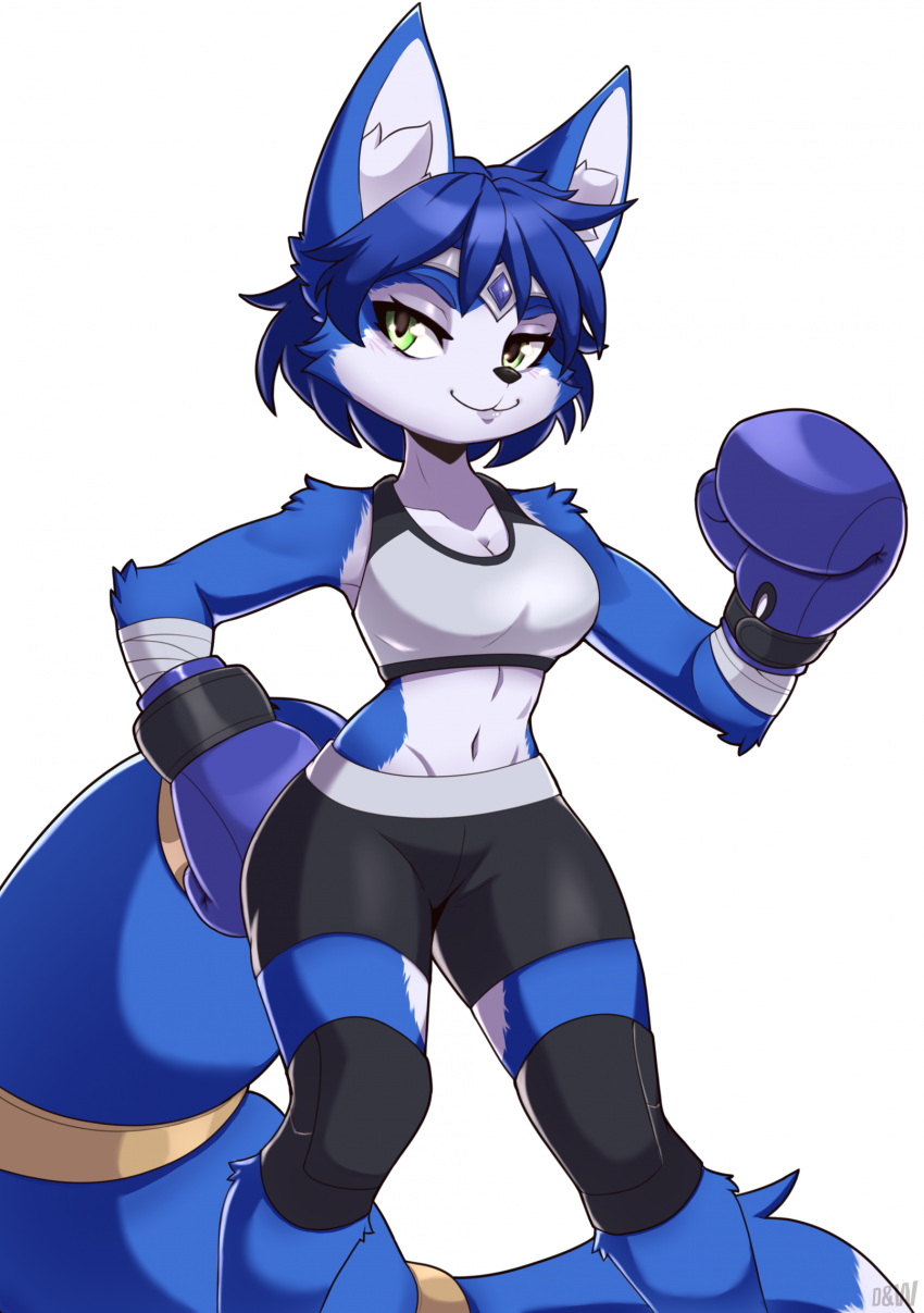 2024 anthro arm_tuft blue_body blue_fur blue_hair bottomwear boxing_gloves bra breasts canid canine circlet clothing demonandwolf elbow_tuft eyebrows eyelashes female fox fur green_eyes hair handwear hi_res inner_ear_fluff knee_pads krystal looking_at_viewer mammal midriff navel nintendo short_hair shorts shoulder_tuft smile solo sports_bra star_fox tuft underwear white_body white_fur wraps wrist_wraps