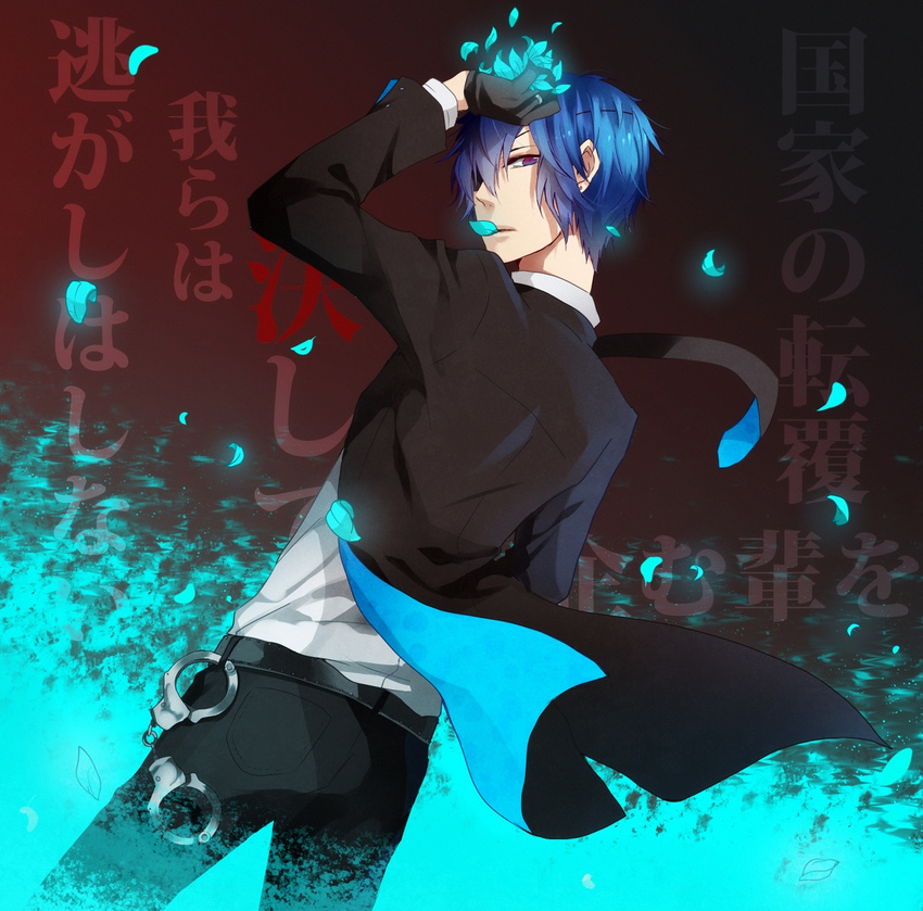 1boy bad_id bad_pixiv_id blue_hair commentary_request cuffs formal handcuffs himitsu_keisatsu_(vocaloid) kaito_(vocaloid) male_focus necktie petals shimatani_(ayumei) smile solo suit vocaloid