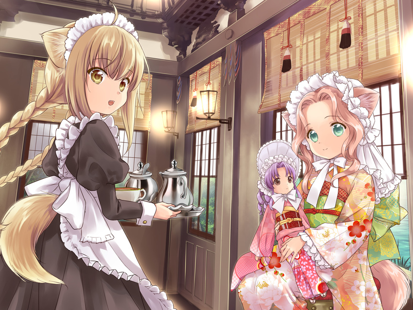 3girls :d ahoge alternate_hairstyle amano_sakuya animal_ears apron black_dress blonde_hair bonnet braid brown_eyes closed_mouth cup doll dress dutch_angle fangs floral_print fox_ears fox_girl fox_tail frilled_apron frilled_hairband frilled_kimono frilled_ribbon frilled_sleeves frills green_ribbons green_sash hair_intakes hair_ornament hairband highres holding holding_doll holding_tray indoors japanese_clothes juliet_sleeves kimono konohana_kitan lamp long_hair long_sleeves looking_at_viewer looking_back low_twintails maid maid_apron maid_headdress multiple_girls obi okiku_(konohana_kitan) open_mouth open_window parted_bangs photoshop_(medium) pink_hair pink_kimono print_kimono puffy_sleeves purple_hair ren_(konohana_kitan) ribbon ringlets sash sidelocks sitting sleeve_cuffs smile tail teacup teapot teeth tray twin_braids twintails very_long_hair wavy_hair white_apron white_hairband white_ribbon wide_sleeves window yellow_eyes yuzu_(konohana_kitan)