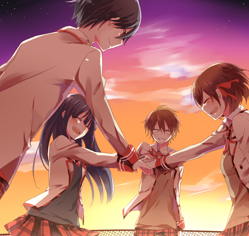 2boys 2girls a-ya_(shuuen_no_shiori) arm_at_side b-ko_(shuuen_no_shiori) bad_id bad_pixiv_id black_sky blazer brown_hair buttons c-ta chain-link_fence closed_eyes closed_mouth cloud collared_shirt contrail cowboy_shot d-ne dusk facing_another facing_viewer fence friends from_side gradient_sky grey_sweater hachimikkusu hair_between_eyes hair_ribbon highres jacket long_hair long_sleeves looking_at_another loose_necktie multicolored_clothes multicolored_jacket multiple_boys multiple_girls necktie open_clothes open_collar open_jacket open_mouth orange_sky outdoors outstretched_arm pants plaid plaid_pants plaid_skirt pleated_skirt purple_hair purple_sky red_jacket red_necktie red_pants red_ribbon red_skirt red_trim ribbon school_uniform shirt short_hair shuuen_no_shiori_project skirt sky sleeve_cuffs smile star_(sky) striped_clothes sweater teeth two-tone_jacket unbuttoned unbuttoned_jacket upper_body upper_teeth_only v-neck vertical-striped_clothes vertical-striped_necktie white_shirt yellow_jacket yellow_sky yellow_sweater