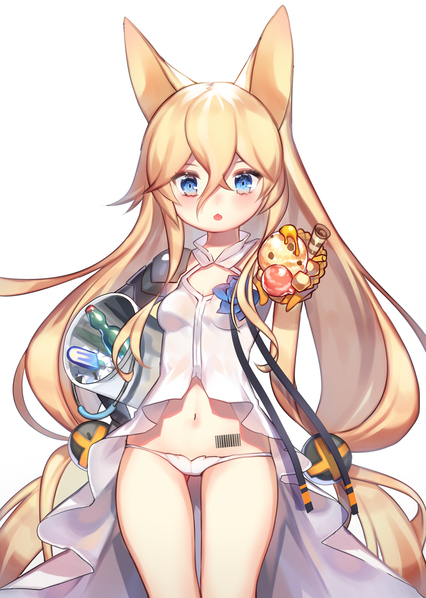 animal_ears barcode barcode_tattoo blonde_hair blue_eyes blush breasts bucket commentary dress female food fox_ears g41_(girls'_frontline) gamathx girls'_frontline gloves hair_between_eyes hair_ornament highres holding holding_food ice ice_bucket ice_cream long_hair looking_at_viewer low_twintails navel orange_gloves outstretched_arm panties parted_lips popsicle ramune reaching showgirl_skirt simple_background small_breasts solo tattoo twintails underwear very_long_hair wafer_stick white_background white_dress white_panties