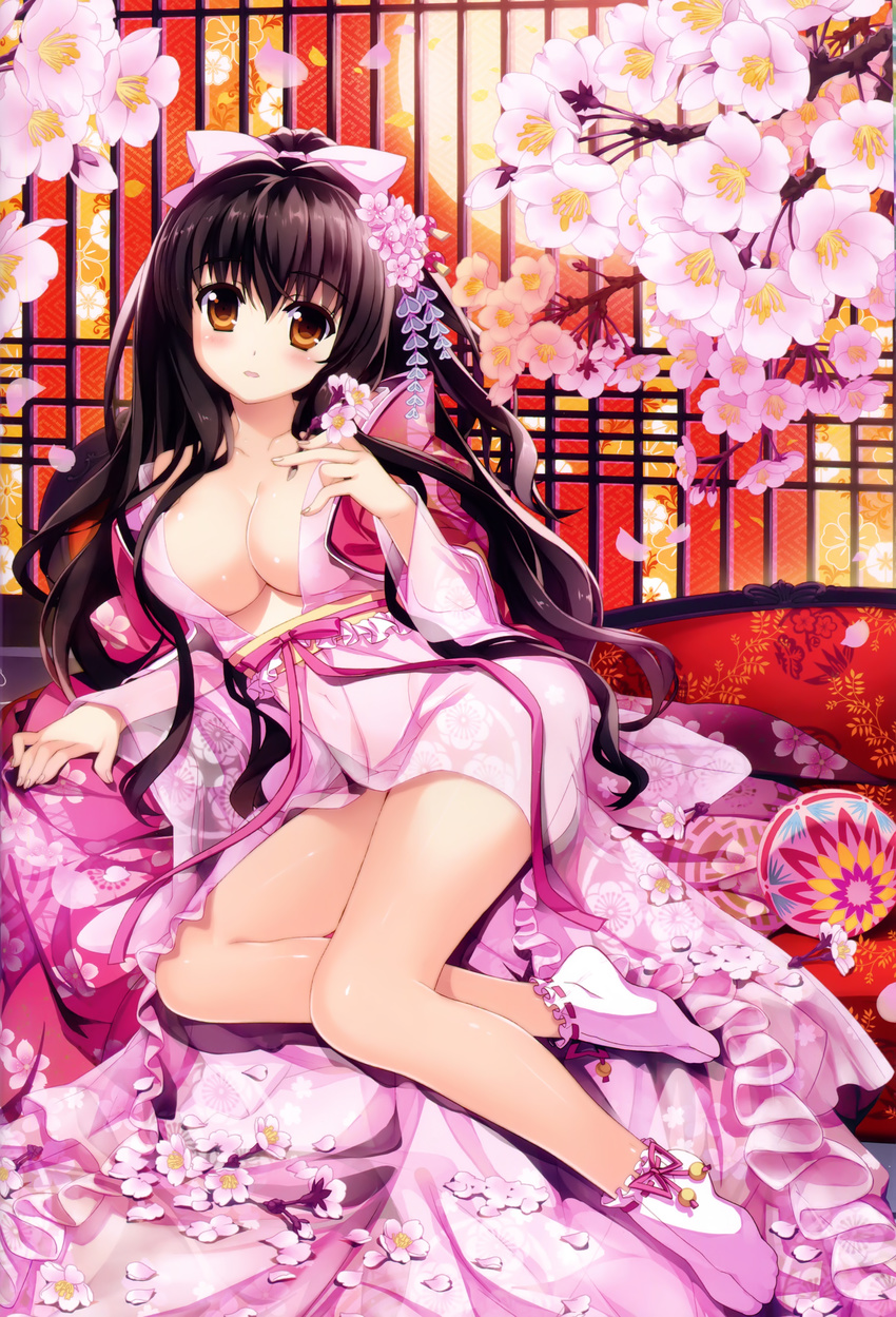 absurdres arm_at_side arm_support ball bare_shoulders blush bow breasts brown_eyes brown_hair cherry_blossoms cleavage collarbone eyebrows female fingernails floral_print flower fujima_takuya full_body groin hair_between_eyes hair_flower hair_ornament hair_ribbon hairbow hanamakura hand_up highres holding holding_flower japanese_clothes kimono large_breasts long_hair looking_at_viewer lying navel off_shoulder on_side open_clothes open_kimono open_mouth petals photoshop_(medium) ponytail ribbon ribbon-trimmed_legwear ribbon_trim sash scan see-through sitting socks solo somei_yoshino tabi temari_ball yokozuwari