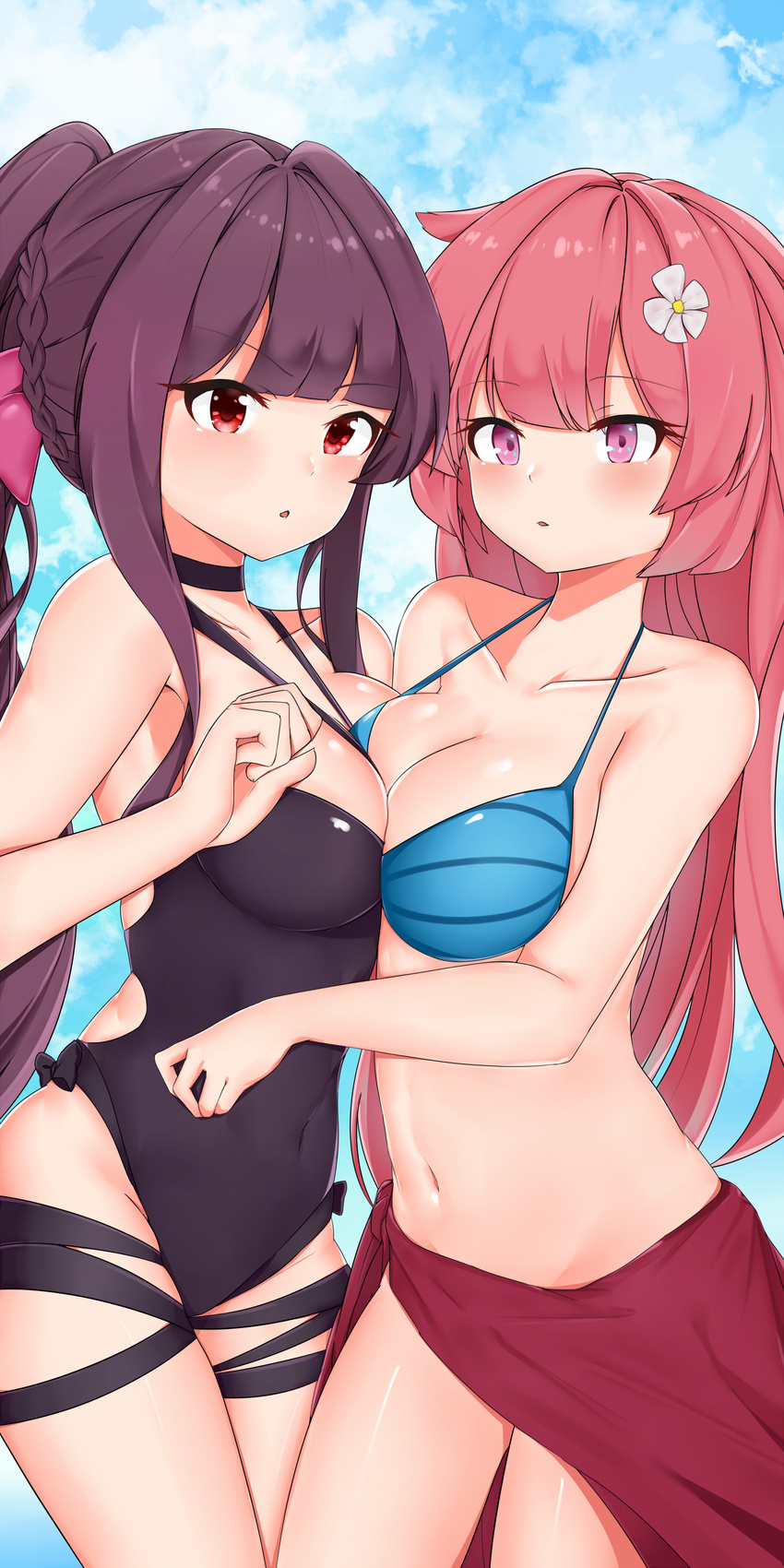 2girls absurdres alternate_hairstyle asymmetrical_docking bikini black_one-piece_swimsuit blue_bikini blunt_bangs blush bow braid breast_press breasts cleavage collarbone commentary_request covered_navel flower french_braid girls'_frontline hair_flower hair_ornament hairbow highres korean_commentary long_hair mapyarong medium_breasts multiple_girls navel ntw-20_(girls'_frontline) ntw-20_(op._blazing_sun)_(girls'_frontline) official_alternate_costume one-piece_swimsuit parted_lips pink_bow pink_hair ponytail purple_eyes purple_hair sarong sidelocks swimsuit thighs wa2000_(girls'_frontline) wa2000_(op._manta_ray)_(girls'_frontline) white_flower