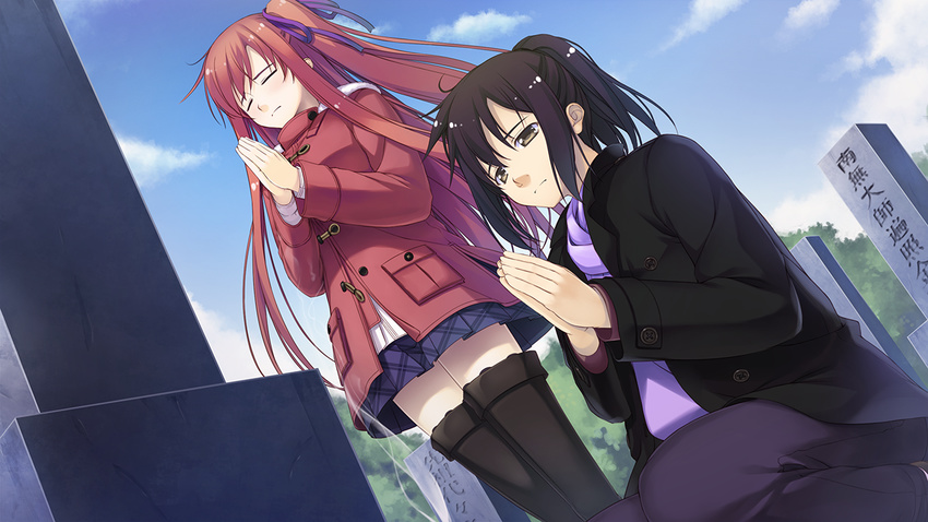 2girls black_hair blue_skirt brown_eyes closed_eyes day game_cg hair_ribbon kazami_haruki long_hair multiple_girls nitta_ruri outdoors own_hands_clasped own_hands_together purple_ribbon red_hair ribbon satsukoi_yuukyuu_naru_koi_no_uta skirt thighhighs tombstone