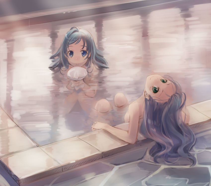 >:) 2girls ahoge aqua_hair bath bathing blue_eyes blue_hair commentary_request green_eyes hair_down kantai_collection long_hair looking_at_viewer multiple_girls naruse_chisato partially_submerged same-sex_bathing samidare_(kancolle) shared_bathing smile suzukaze_(kancolle) towel_bubble v-shaped_eyebrows