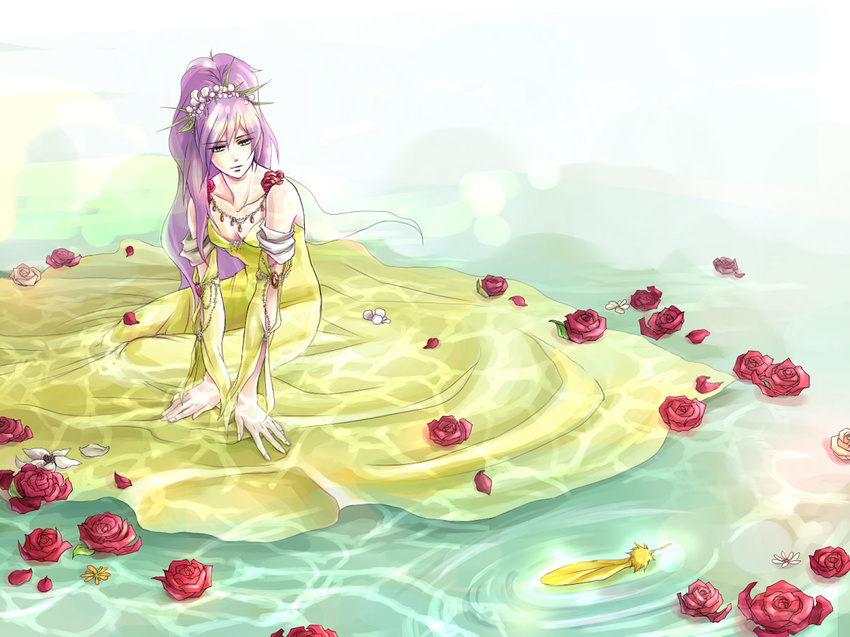 3ta2 alternate_costume alternate_hairstyle commentary_request dress faris_scherwiz feathers female final_fantasy final_fantasy_5 flower red_flower red_rose rose sad sad_smile sarisa_highwind_tycoon smile solo spoilers water