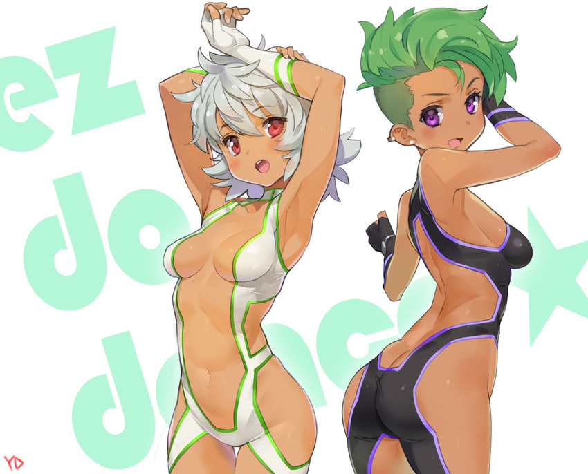 2girls armpits arms_up ass black_gloves bodysuit breasts commentary_request dark-skinned_female dark_skin ear_piercing ez_do_dance genderswap_(mtf) gloves green_hair grey_hair highres king_of_prism king_of_prism_by_prettyrhythm korean_commentary medium_breasts multiple_girls nishina_kazuki piercing pretty_rhythm pretty_series purple_eyes red_eyes revealing_clothes rule_63 short_hair signature simple_background smile song_name undercut white_background white_gloves yamato_alexander yd_(orange_maru)